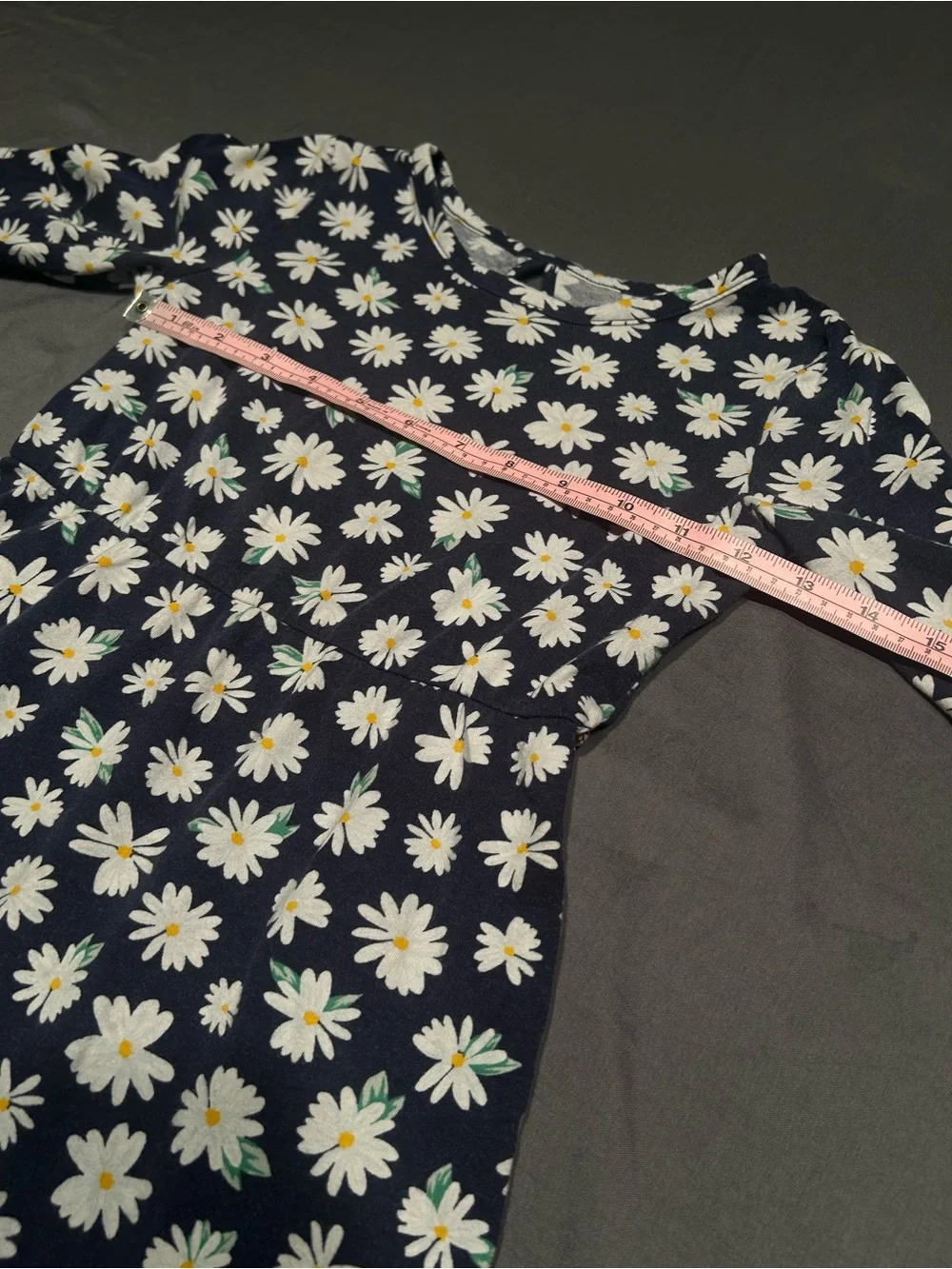 Girls Navy Blue White Daisy Floral Print Elbow Sleeve A-Line Dress